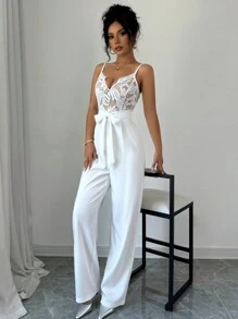Chiquease Bộ đồ liền thân ren vá lưng cao cổ chữ V gợi cảm thanh lịch dành cho nữ, thích hợp mặc dự tiệc, hẹn hò ban đêm và mặc hàng ngày, mùa thu/đông - trắng - Xem 5