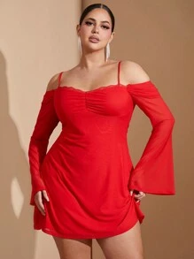 SHEIN BAE 大尺碼女款紅色秋季70年代風緞面派對洋裝，萬聖節網紗大翻領細肩帶蕾絲拼接透視袖迷你洋裝 - 紅色 - 查看 7