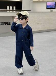 SHEIN Genkimix Kids 1pc Young Boy Casual Sports College Style Long Jumpsuit, Suitable For Daily School, Travel, Outdoor Activities, Fit For Spring And Autumn Back To School Season