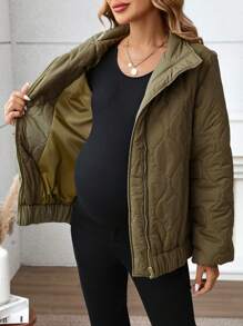 SHEIN Collar Long Sleeve Front Zipper Maternity Coat, Winter Outerwear, Warm And - Green - View 8