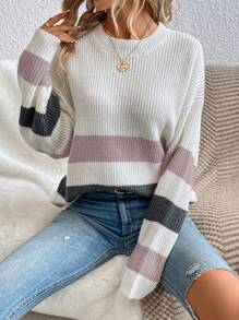 SHEIN Essnce 女士休闲撞色条纹落肩宽松针织毛衣，秋冬 - 彩色 - 查看 4