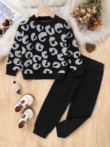 2pcs Leopard Print Sweater Set For Young Girls, Includes Round Neck Pullover Sweater And Knit Pants - Black - View 1