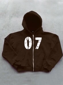 Manfinity Hypemode Sudadera con capucha de corte holgado para hombre con estampado de letras, cremallera delantera y forro térmico