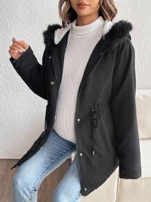 SHEIN Maternity Casual Solid Color Drawstring Waist Fleece Long Sleeve Hoodie Jacket, Hoodie Jacket, Autumn/Winter