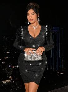 Allurite Plus Size Women's V-Neck Long Sleeve Sequin Embellished Fitted Evening Dress Fall Cloth For Women - Black - View 6