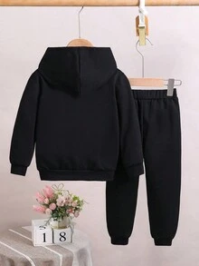 SHEIN 可爱卡通波霸饮料图案年轻女孩宽松运动休闲连帽衫运动衫套装，适合秋冬季 - 黑色 - 查看 2