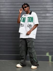 PAVTROS Manfinity Streetrush Men's Letter Angel Print Short Sleeve Zipper Front Box Cut Street Shirt - White - View 7