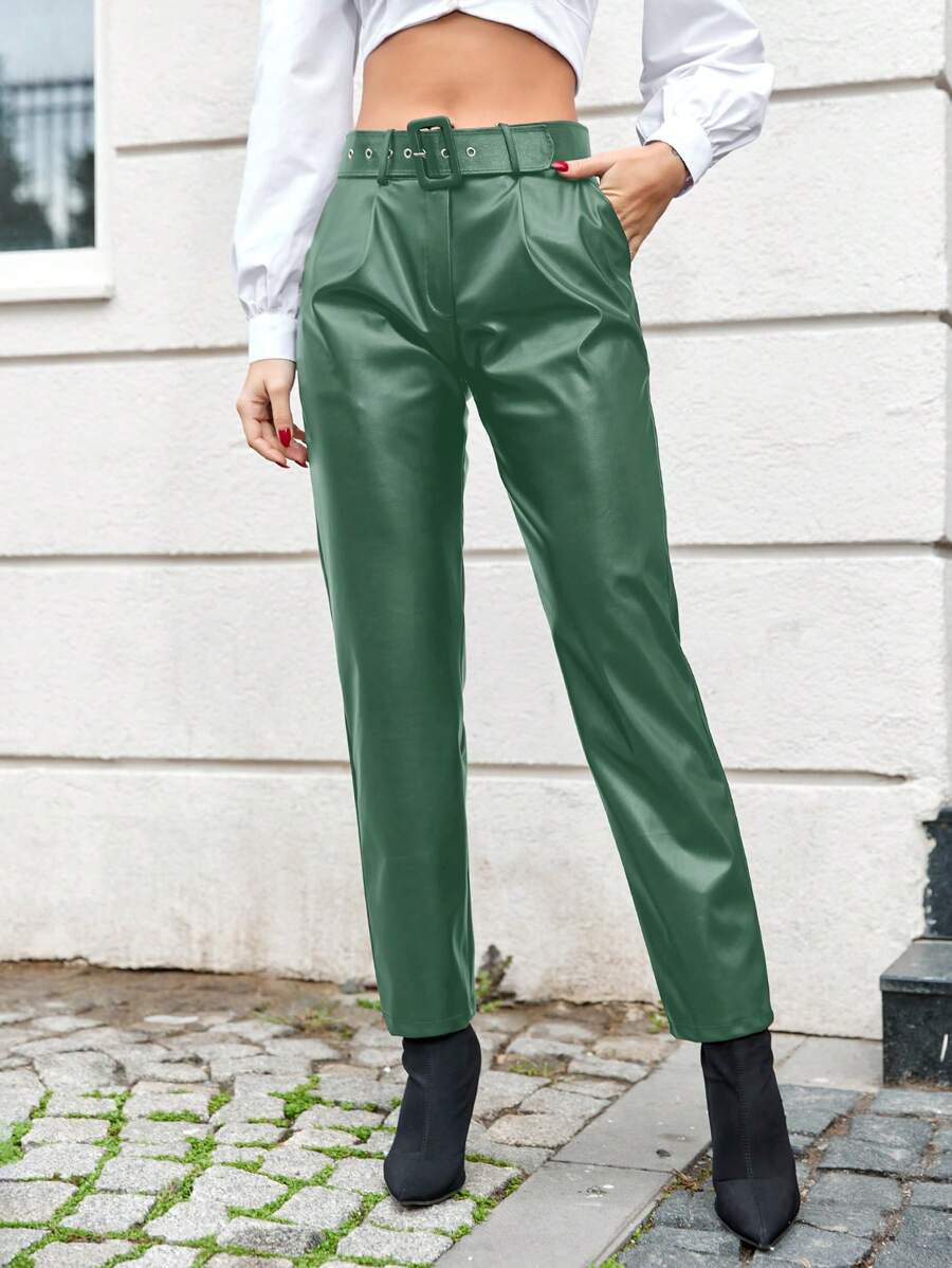 EURMUSE Buckle Belted PU Pants - Army Green - View 1