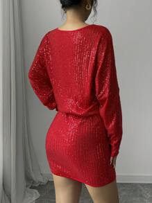 Selianne Elegant Red Sequin Batwing Sleeve Asymmetrical Neck Party Dress For Autumn,70's Style,Perfect For Christmas & New Year Holiday Celebrations - Red - View 2