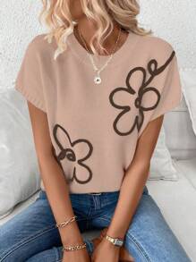 SHEIN LUNE Women Floral Pattern Round Neck Loose Short Sleeve Knitted Sweater