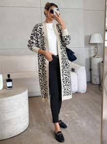 SHEIN Privé Women Leopard Print Long Sleeve Sweater Cardigan - Multicolor - View 7