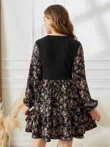 SHEIN 少女黑色碎花拼布腰部 A 字形长袖复古优雅连衣裙，乡村风格 - 黑色 - 查看 2