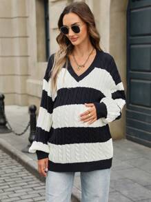 SHEIN Pregnant Women Color Block Stripe V-Neck Twist Knit Sweater For Autumn/Winter, For Maternity - Blue and White - View 6