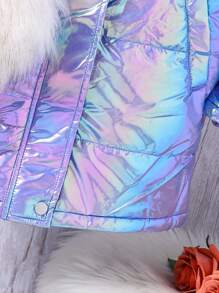 SHEIN Tween Girl Fluffy Panel Hooded Pockets Winter Padded Coat - Mint Blue - View 5