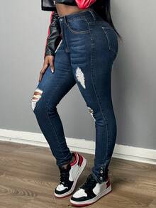 Women's Sexy Style Ripped Stretchy Skinny Leg Jeans - Dark Wash - View 6