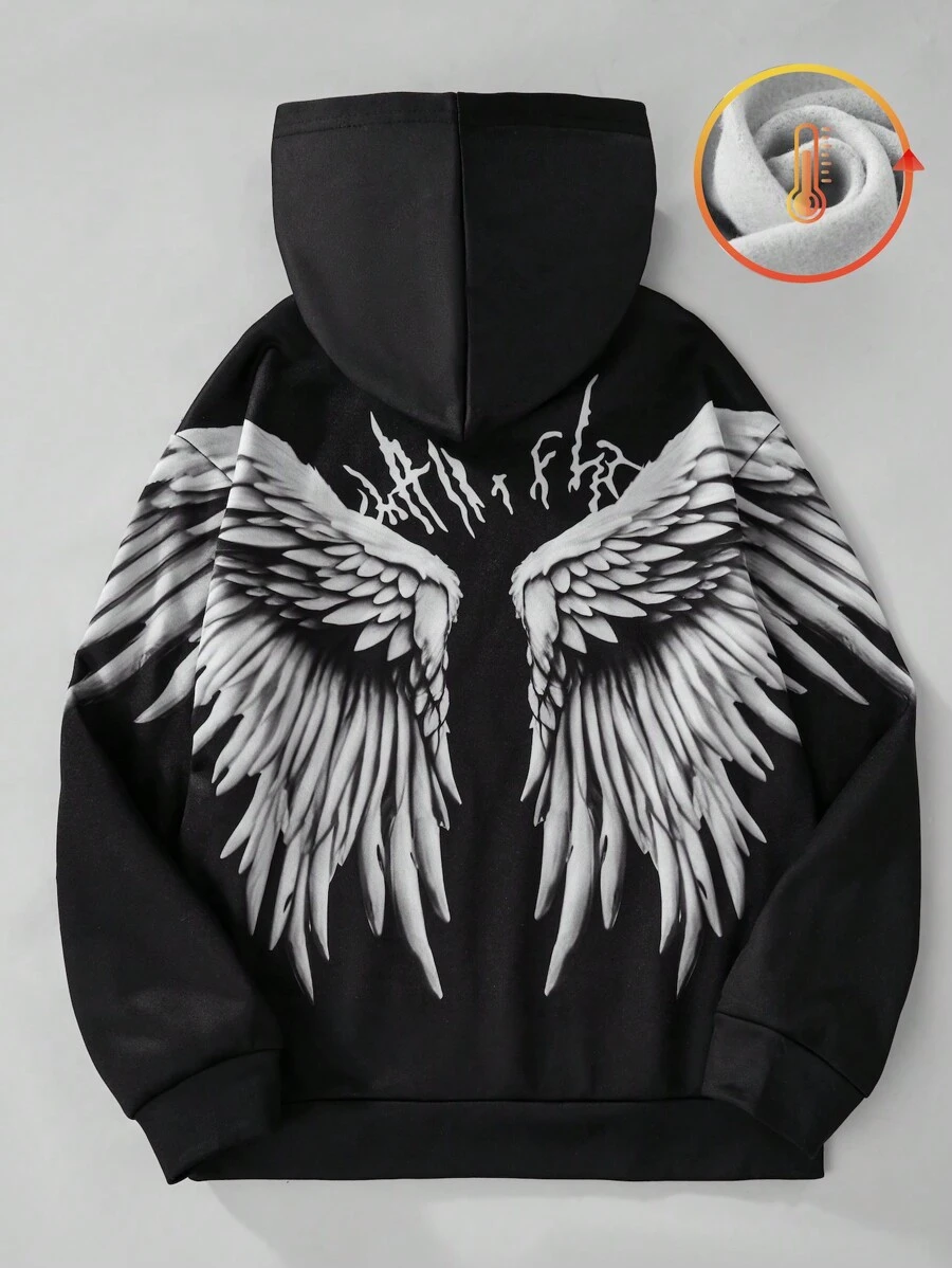 SHEIN 1pc Tween Girl Kid Wing Decor Fleece Zip-Up Sweatshirt, Warm And For Autumn/Winter - Black - View 1