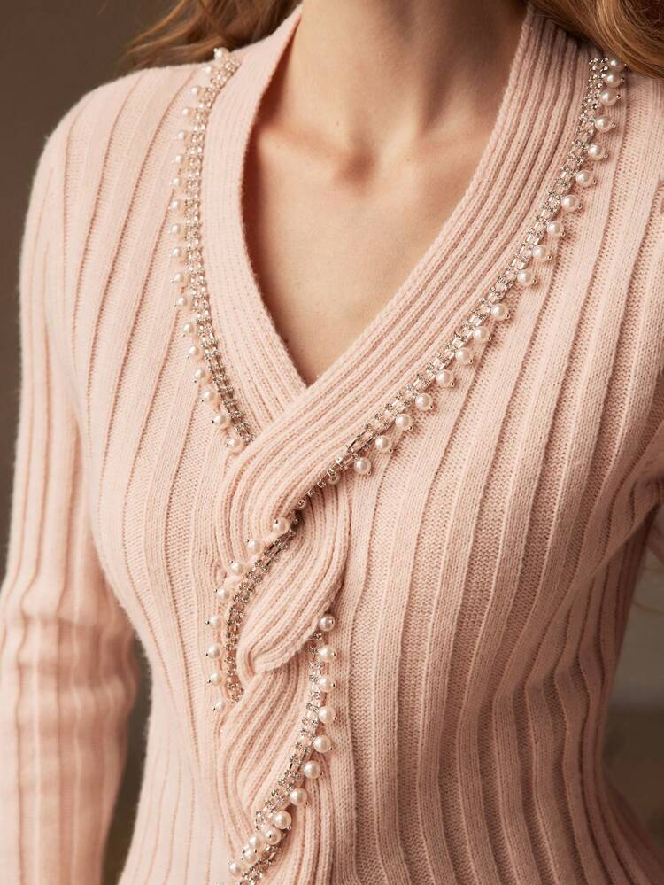 FAUX PEARL DETAIL SPLIT HEM CABLE RIBBED KNIT SWEATER