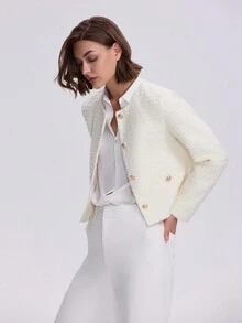 1pc Solid Color Front Button Up Long Sleeve Pocket Minimalist Casual Jacket - Beige - View 5