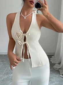 SHEIN Unity 1pc Women Elegant Solid Color 3D Floral Decor Tie Front Backless Halter Top - Apricot - View 3