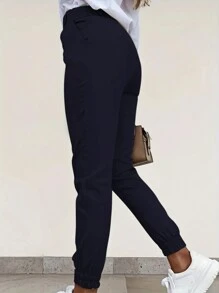 Women's Casual Solid Color Drawstring Ankle Length Pants - Navy Blue - View 5