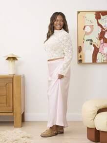 Aralina Curve Textured Satin With Lace Detail Waistband Pull On Maxi Skirt - Dusty Pink - View 5
