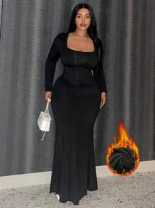 Slaydiva Vestido largo negro para mujer con bajo de cola de pez, elegante y para fiestas y uso casual, hecho de tela gruesa, talla grande, primavera otoño