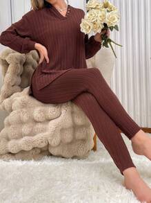 女士纯色罗纹四分之一扣上衣和裤子家居服套装，舒适优雅细节，秋冬服装 - 咖啡棕 - 查看 4