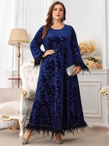 Al Najma Große Größen Rüschenmanschette mit Federn besetztes, locker sitzendes, elegantes Strick-Arabisches Kleid, bescheidenes, langärmeliges, elegantes Arabisches Tunika-Kleid für Abendpartys/Hochzeitsgäste/Jahrestag - marineblau - Übersicht 3
