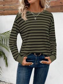 EMERY ROSE Casual Striped Drop-Shoulder Loose T-Shirt, Autumn Graphic Tees Women Tops