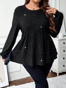 SHEIN LUNE Plus Size Kobiety Jesień/Zima Święta Impreza Długi Rękaw Brokat Casual T-shirt Boże Narodzenie - Czarne - Zobacz 6