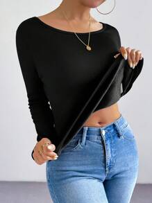 Chiquease 1 pieza Camiseta minimalista de mujer de unicolor de cuello redondo y manga larga, informal para uso diario