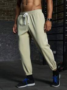 Gym Rark Plus Size Men Casual Solid Color Drawstring Waist Jogger Pants - Khaki - View 1