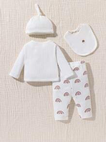 SHEIN Baby Girls' Round Neck Letter Print Button Decor Top And Pants Set - White - View 2