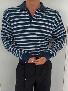 DAZY Men's Casual Striped Polo Shirt, Autumn - Blue and White - View 6