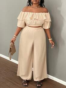 Slaydiva 女式大码露肩荷叶边下摆阔腿裤套装，休闲基本款