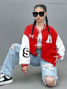 SHEIN 少女字母拼布印花长袖休闲夹克 - 紅色 - 查看 3