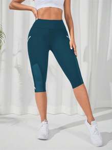 SHEIN Sports Leggings deportivos de malla en contraste bolsillo de celular de cintura ancha