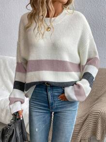 SHEIN Essnce 女士休闲撞色条纹落肩宽松针织毛衣，秋冬 - 彩色 - 查看 3