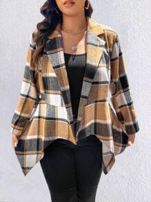 Calvaya Plus Size Plaid Printed Belted Asymmetric Hem Long Sleeve Woollen Jacket Fall Cloth For Women - Multicolor - View 6