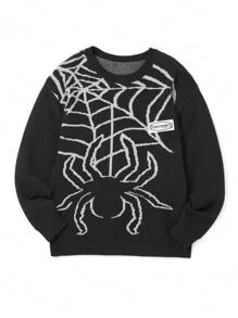 Manfinity EMRG Men's Casual Spider Pattern Round Neck Long Sleeve Loose Sweater, Autumn/Winter - Black and White - View 1