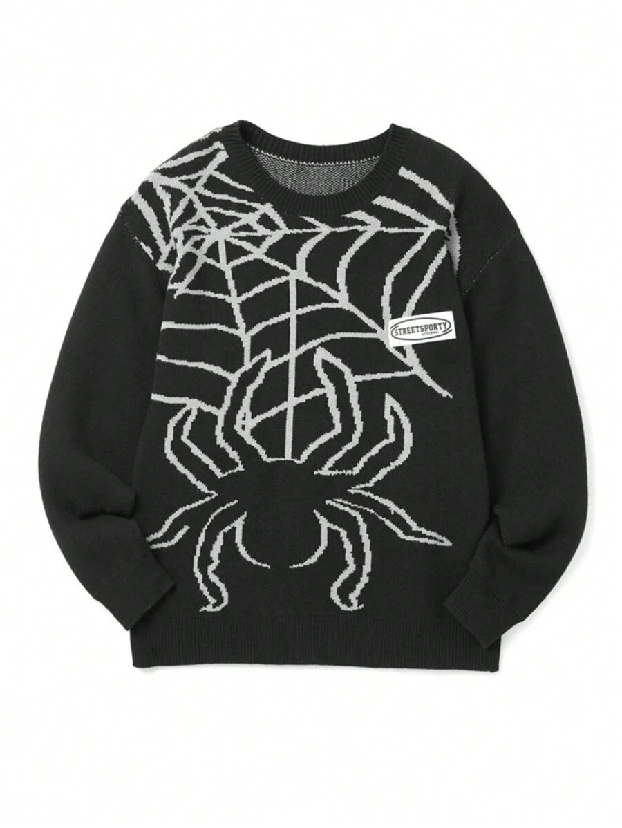 Manfinity EMRG Men's Casual Spider Pattern Round Neck Long Sleeve Loose Sweater, Autumn/Winter - Black and White - View 1