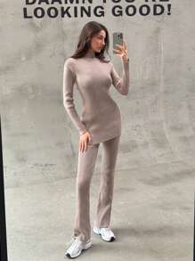 Aloruh 简约通勤立领长袖修腰短款毛衣和高腰喇叭腿长款毛衣裤，女式 2 件套 - 駝色 - 查看 2