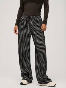 SHEIN BASICS Casual Woven Striped High Waist Wide Leg Loose Fit Women Pants