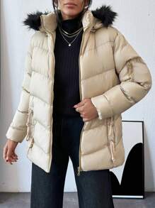 EURMUSE 撞色人造毛皮连帽羽绒冬季大衣