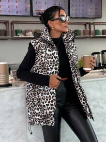 EURMUSE LEOPARD PRINT ZIP UP ELASTICAL WAIST SLEEVELESS Padded Coat - White - View 3