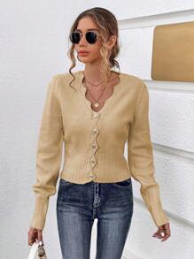 SHEIN Unity 1pc Casual Solid Color Puff Sleeve Cropped Cardigan, Autumn - Khaki - View 4