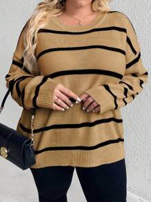 SHEIN CURVE+ Pull col rond taille forte femme, mode décontractée, style simplifié avec rayures bicolores, pour l'automne/hiver