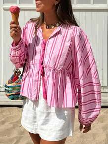 INAWLY 女式条纹长袖前系带宽松衬衫，秋季荷叶边上衣 - 粉色 - 查看 1