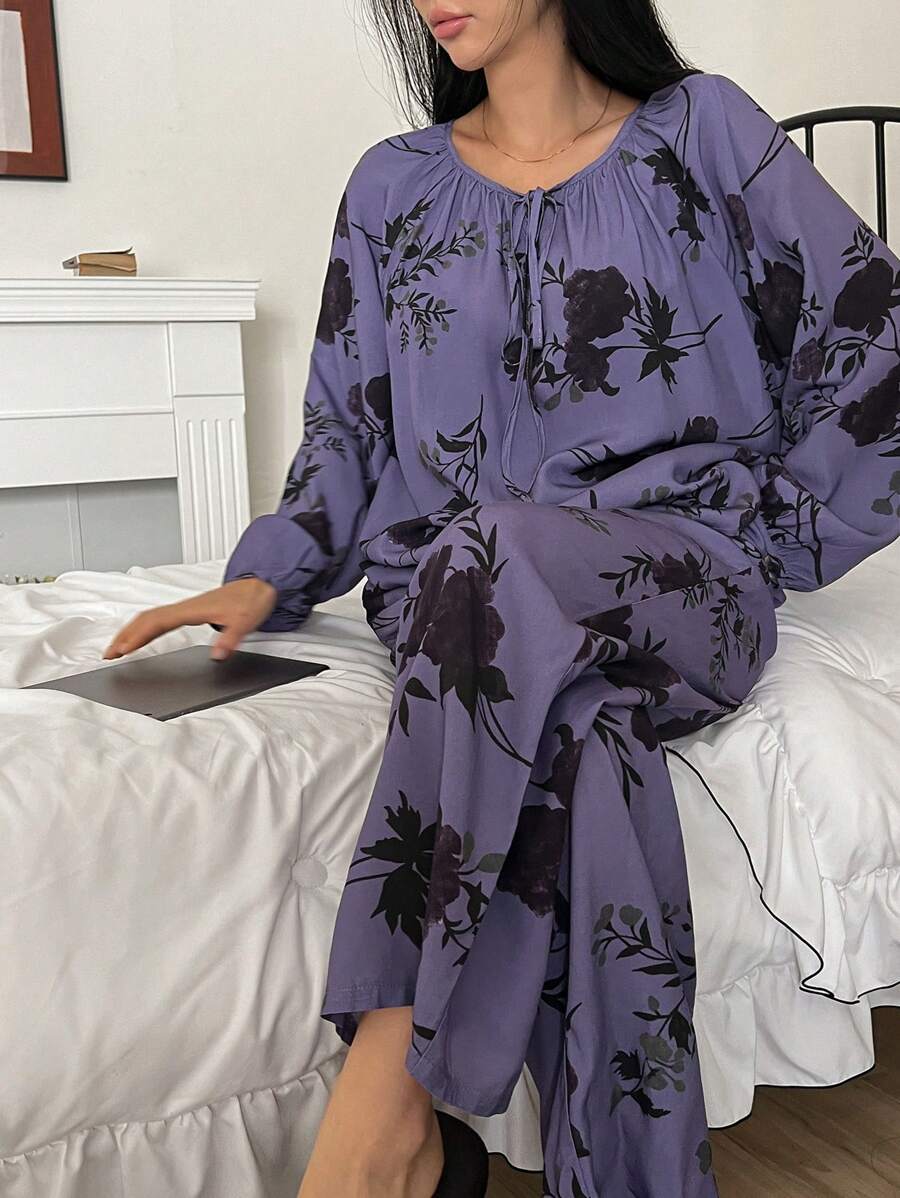 DAZY Floral Print Loose Tie Neck Pajama Set - Purple - View 1