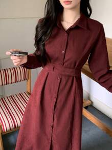 DAZY 女士系带中长款衬衫连衣裙，秋冬，秋季女装长袖连衣裙红色女装连衣裙